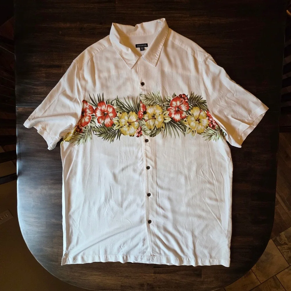 George M 2XLT White Tropical Hibiscus Floral Rayon Button Down Shirt GM26Y029BT